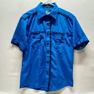 Franky Max Button Up Shirt Men's Medium Blue Navy Trim Short Sleeve Top EUC